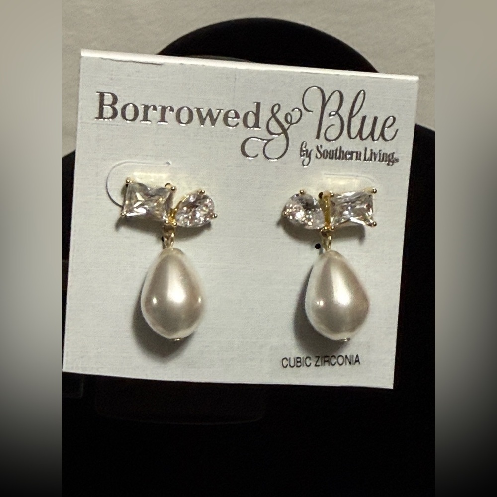 Borrowed & Blue Cubic Zirconia Stone Cluster with Pearl Drop Earrings - NWT